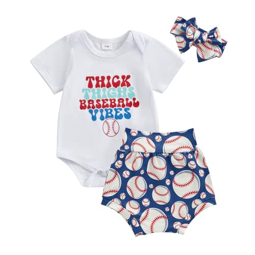 Baby Girl Baseball Outfits Letter Print Short Sleeve Romper Baseball Bummie Shorts Headband Set 3Pcs Summer Outfits