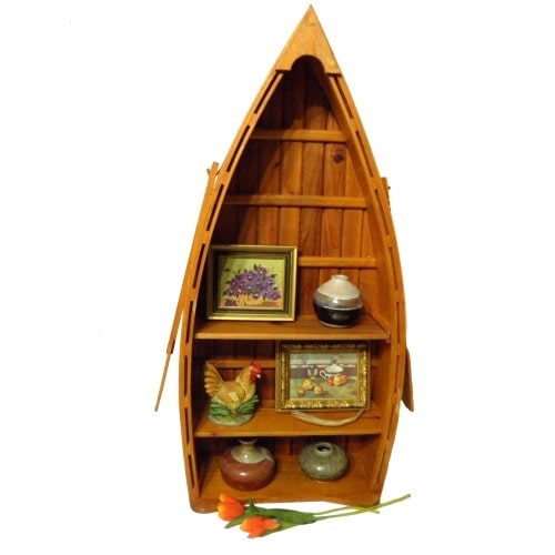 Canoe Wall Shelf Display, Rustic Log Cabin River Décor, Cottage Lake House Rowboat, Nautical Coastal Wooden Boat Accent Shelf Medium Size, 1