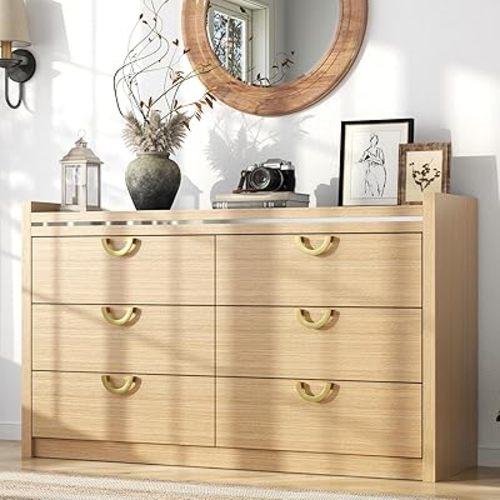 Gyfimoie 6 Drawer Dresser for Bedroom, 47.2" Wide Modern Chest of Drawers with U-Shaped Gold Handles, Wooden Double Dresser TV Stand, Storage Organizer Cabinet for Closet,Living Room,Hallway (Natural)