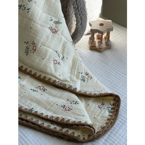 Personalized Baby Blanket: Beige Flowers Muslin with Name Embroidery