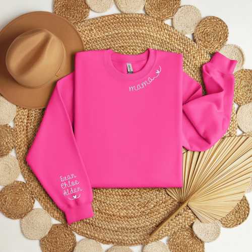 Custom Embroidered Mama Sweatshirt, Kids Names on Sleeve, Personalized Mom Gift