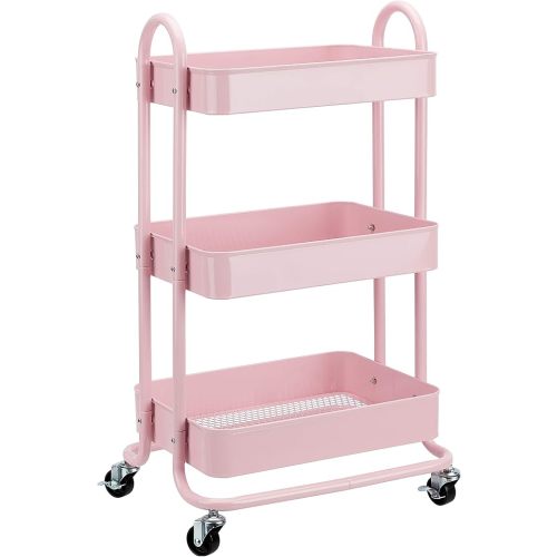 Amazon Basics 3-Tier Rolling Utility or Kitchen Cart, Lockable Wheels, Multifunctional Storage, Metal Storage Organizer, Portable, Dusty Pink