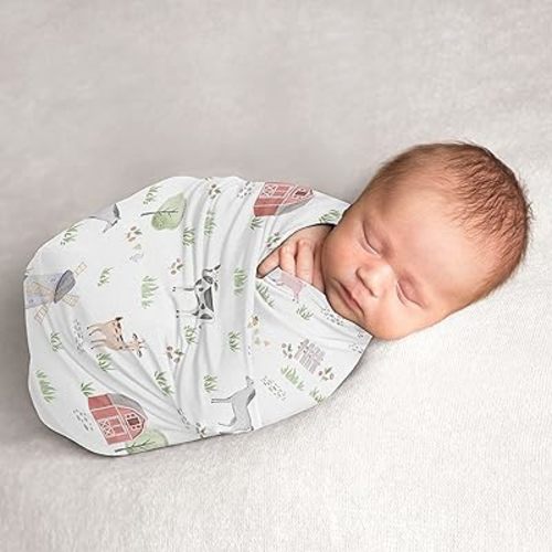 Sweet Jojo Designs Farm Animals Boy or Girl Swaddle Blanket Jersey Stretch Knit for Newborn or Infant Receiving Security - Watercolor Farmhouse Horse Cow Sheep Pig Farm Life Gender Neutral