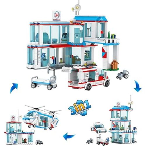 City Hospital STEM 3 in1 Building Sets, Compatible with Lego Ambulance Tor Truck, Rescue Helicopter, Connect to Other City Sets, 687 PCS Best Gift for 6 7 8 9 10 Boys