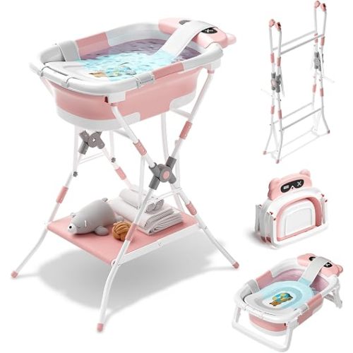 Baby Bathtub with Stand, Foldable Metal Standing Baby Bath Tub, 3-in-1 Anti-Slip Collapsible Tub with Cushion Storage Pad, Elevated Design for Newborn Toddler, Pink