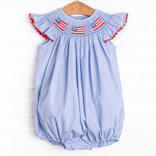 Salute The Flag Smocked Bubble, Blue -  Stitchy Fish