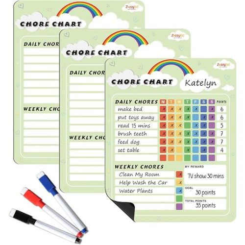 ZazzyKid Magnetic Dry Erase Chore Chart: 8” x 10”, 3 Pack for Multiple Kids, Daily Weekly Behavior & Responsibility Board for Fridge, Reward Chart for Family and Classroom