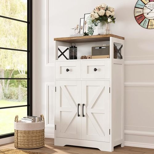 Farmhouse White Storage Cabinet with Doors and Drawers, Freestanding Kitchen Pantry Cabinet, Floor Storage Cabinet Hutch Cupboard for Kitchen/Laundry/Living Room/Bedroom