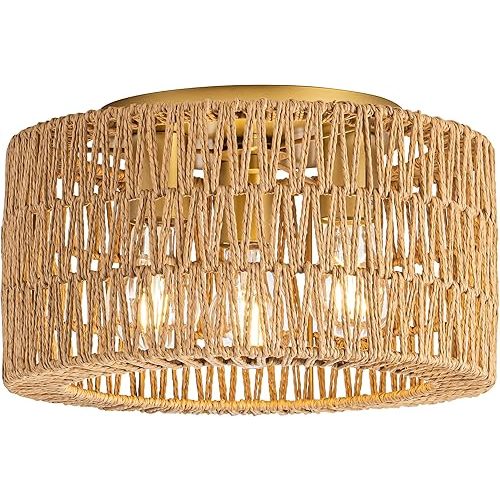 Rattan Ceiling Light Fixture, 3 Light Bohemian Modern Woven Ceiling Light, Boho Flush Mount Ceiling Light for Bedroom Living Room Dining Room, Bulb NOT Included