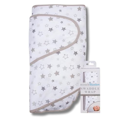 Miracle Blanket Swaddle Wrap – Help Your Newborn Sleep Longer – Soft & Secure Sleep Sack for Infants – Easy-to-Use Swaddling Blanket for a Calm Baby (Gray Stars)