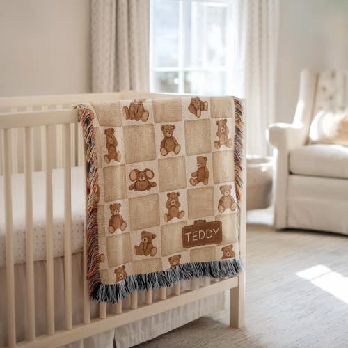 Personalized Teddy Bear Baby Blanket, Custom Name Cute Bear with Alphabet Blocks Print Throw, Cozy Nursery Bedding Adorable Baby Shower Gift