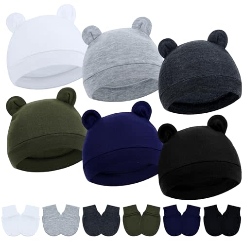 Cinaci 6 Sets Ear Turban Hats and No Scratch Mittens Caps Bonnets Gloves for 0-6M Unisex Baby Girls Boys Newborns Infants