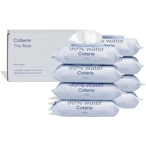 Coterie Baby Wipes for Sensitive Skin, Plant-Based and Plastic-Free Fibers, 99% Water, Hypoallergenic, pH Balanced, Unscented, Clean and Gentle Baby Essentials, 8 Pack, 448 Count