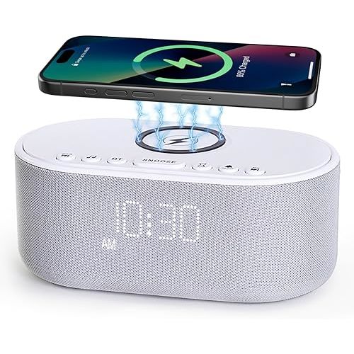 Sound Machine Alarm Clock Wireless Charger: Bluetooth 10W Stereo Speaker - White Noise Machine for Sleeping with 21 Soothing Sounds