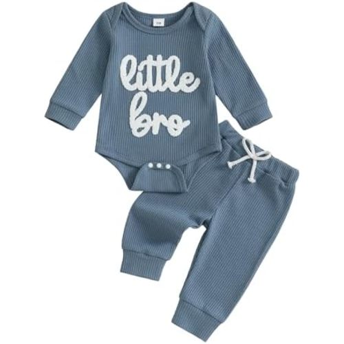 Tsnbre Baby Boy Clothes Little Brother Embroidery Ribbed Long Sleeve Romper Pants Set Newborn Fall Winter Outfits