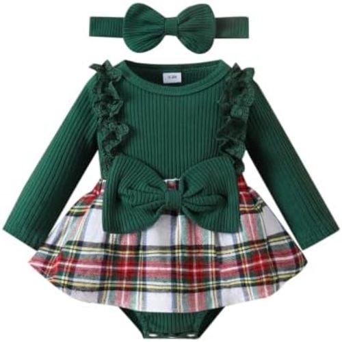 Baby Girl Clothes Fall Winter Outfit Plaid Romper Long Sleeve Dress Lace Ruffles Bodysuit with Bow Headband