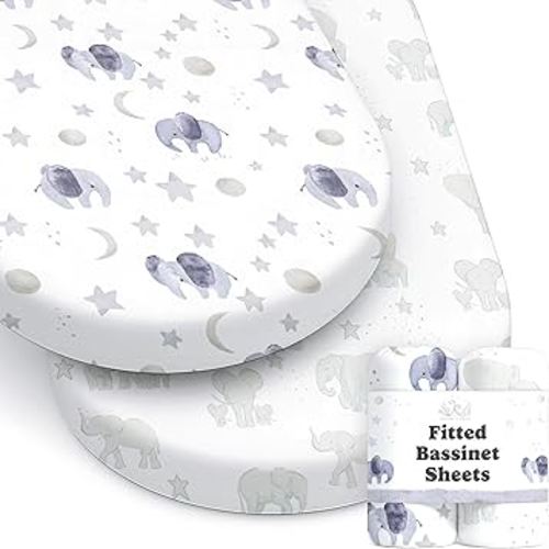 Baby Bassinet Sheets for Boy, Girl (Watercolor Elephants) 2-Pack - Fitted Bedside Bassinet Sheets - Buttery Soft Cotton Blend for Standard Mattress Pad - Compatible with Halo BassiNest