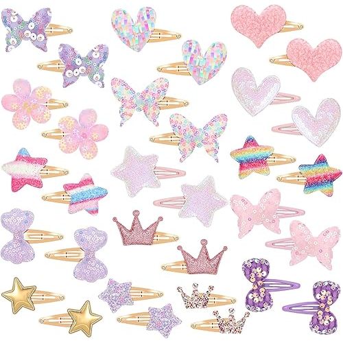 16 Pcs Hair Clips for Teens,Sparkly Metal Snap Barrettes, Cute Glitter Toddler Flower/Star/Crown/Heart/Butterfly Hair Accessory Multicolor Shaped Hair Accessories