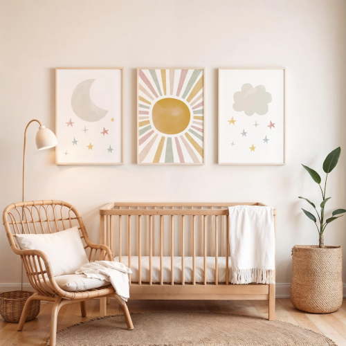 Luvia Celestial Nursery Art Set Of 3, Cloud Moon Sun, Gender Neutral Baby Room Decor, Boho, Modern Wall Decor Set 3 Prints 16x24 UNFRAMED