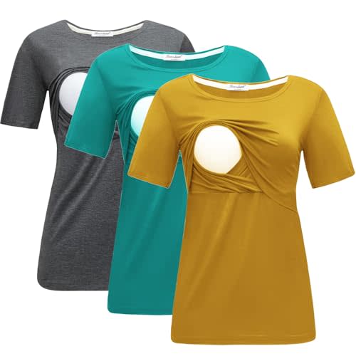 Bearsland Women's 3 Packs Maternity Nursing Tops Short Sleeve Breastfeeding Shirts