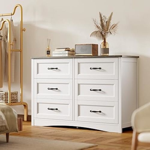 Gizoon 6 Drawer Dresser for Bedroom，47'' Larger Chest of Drawers with Mental Handle for Kids Room, White Dresser with 6 Storage Drawers for Living Room, Entryway and Hallway, White/Grey