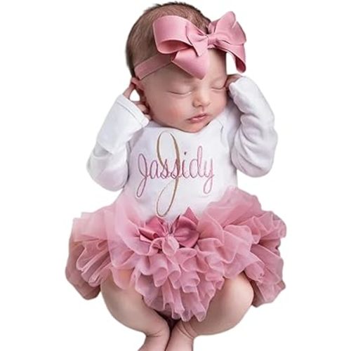 Custom Newborn Baby Girl Outfits With Name,Personalized Coming Home Clothes With Romper+Tutu Skirt+Headband Perfect Gifts For Baby Girl Shower Christmas