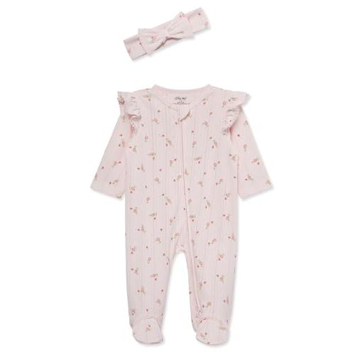 Little Me Clothes for Baby Girls 100% Cotton 2Pc Zipper Closure Footie and Headband Set, Baby Essentials