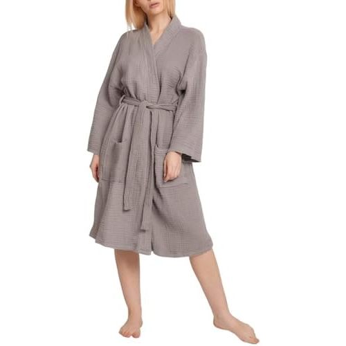 Womens 100% Cotton Gauze Bathrobe Long Sleeve Loose Kimono Robe with Pocket
