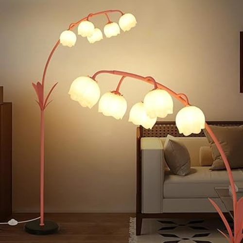 HMVPL Pink Flower Floor Lamp for Living Room, Floral Arched Floor Lamp with 5 G9 LED Bulbs, Foot Switch, Curved Standing Lamp with Acrylic Shade, Cute Tall Lamp for Living Room Bedroom Girls Nursery