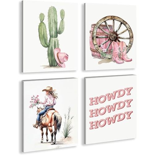 Framed Western Cowgirl Canvas Wall Art, Watercolor Pink Cowboy Hat Cactus Desert Wall Art for Cowgirl Nursery Kids Room Girls Room Dorm Decor 4pcs (8" x 10")