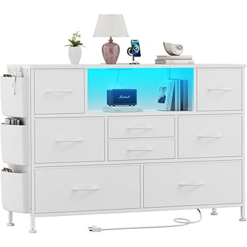 Dresser for Bedroom with 8 Drawers, Dresser TV Stand with LED Lights, Fabric Chest of Drawers with Side Pocket for Living Room, Entryway, Bedroom Furniture (White)