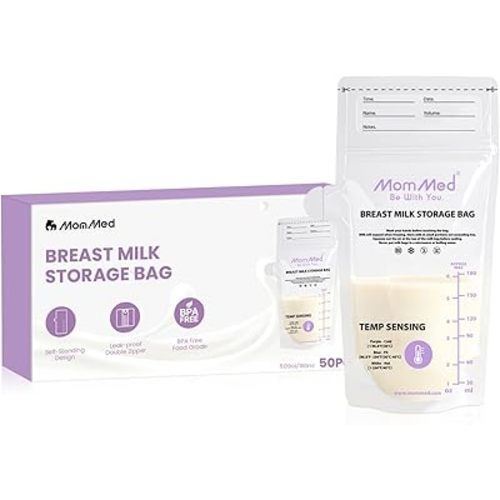 MomMed Breast Milk Storage Bags with Color-Changing Temperature Indicator - 6oz Self-Standing No-Leak Freezer Bags, Locking Clamp & Pour Spout, Space-Saving Flat Profile, BPA-Free (50 Count)