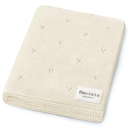 Bleu La La Organic Unisex Pointelle Receiving Swaddle Blanket for Boys & Girls - 100% Luxury Organic Soft Cotton Knit Warm Cuddle Stroller Blanket for Newborns, Infants, & Toddlers (Butter Cream)
