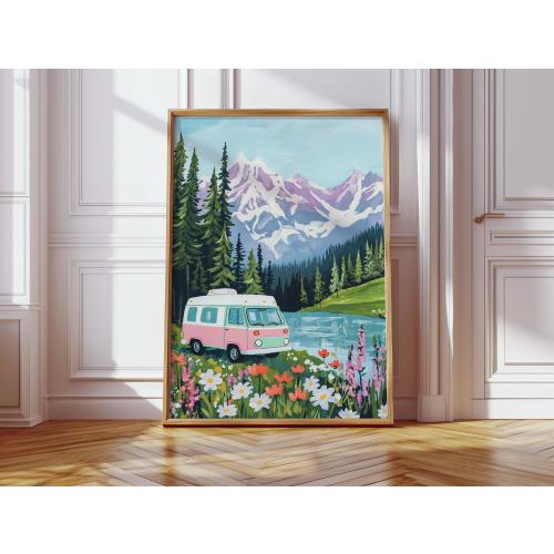 Retro Camper Van Wall Art | Pink Van by Mountain Lake with Wildflowers Canvas Print | Adventure Nature Landscape Decor