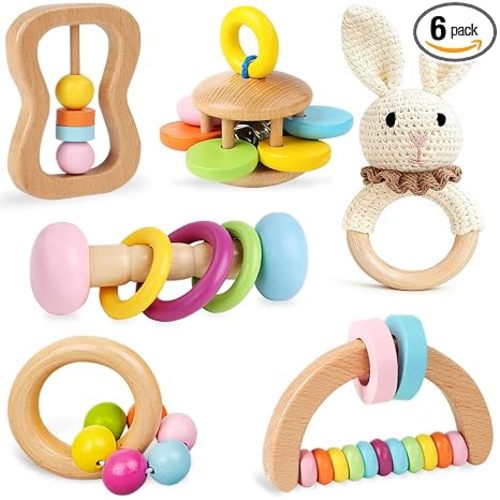 6 PCS Wooden Baby Rattle, Organic Colorful Baby Hand Rattles Set, Wood Rattles for Babies 0-6-12 Months, Wooden Teether Crochet Rattle Toy for Newborn Infant, Montessori Toys for Babies 0-6 Months