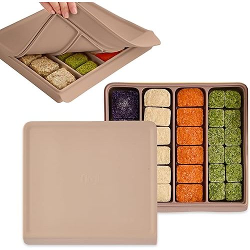 Silicone Baby Food Storage Container with Lid - 26oz 4 Compartment Stackable Meal Prep for Baby Food, Puree, Snacks, Kimbap & Sushi - Airtight, Microwave & Dishwasher Safe, Made in Korea, Brown