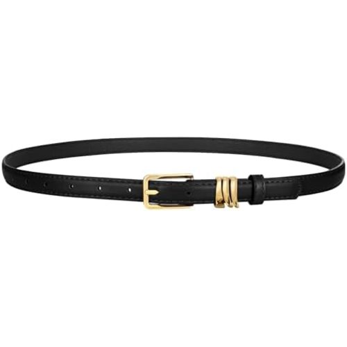 XZQTIVE Women Skinny Leather Belt Ladies Black Thin Waist Belt for Dresses Jeans Pants with Gold Buckle and Metal Loops