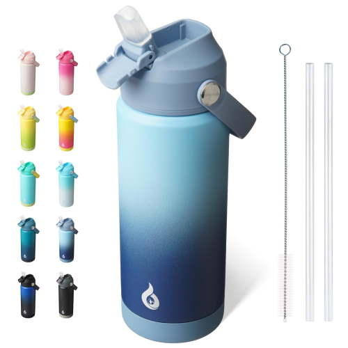 BJPKPK Insulated Water Bottle with Straw Lid, 18oz Thermos Water Bottles with Soft Nozzle, Flex Handle & Non-slip Boot, BPA Free Leak Proof Stainless Steel Metal Water Bottles, Tumblers, Cups,Sky