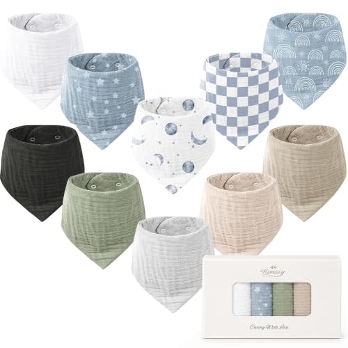 Konssy 10 Pack Baby Muslin Bandana Bibs for Drooling and Teething | 100% Cotton, 6-Layer Bibs, Pre-Washed Soft & Absorbent, Adjustable Neck Fit, Boys & Girls 0-36M