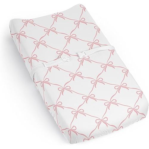 Sweet Jojo Designs Baby Changing Pad Cover Sheet (Pink Bows) for Girls, Infant/Newborn Diaper Table Change Mat Cover (Solid Blush & White Bow for Ballerina, Ballet Dancer, Princess Collection)