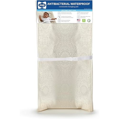 Sealy Baby Antibacterial Waterproof 2 Sided Contoured Diaper Changing Pad for Dresser or Table, Durable Easy to Clean Surface, Supportive Soybean Enhanced Foam, Made in USA, White, 32x16"
