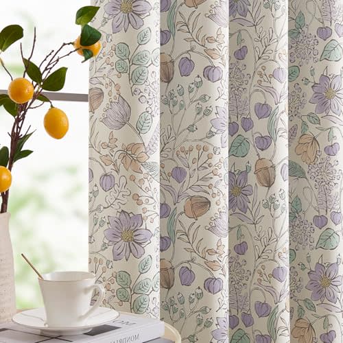 jinchan Nursery Curtains 95% Blackout Purple Floral Curtains for Girls Room, 63 Inch Length Farmhouse Drapes for Bedroom Living Room Darkening Window Treatment Grommet Top Set of 2 Panels