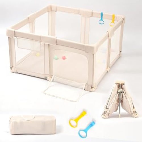 TOMBOSS Foldable Baby Playpen, Beige, Oxford Cloth, 59x59x24 Inch, Collapsible Play Yard with Mesh Sides and Toy Rings