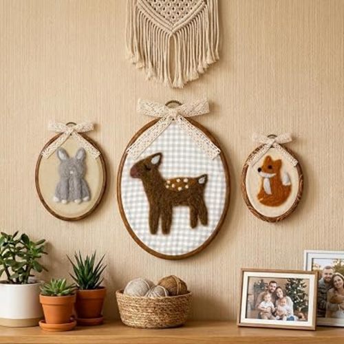 Blulu Felted Nursery Wall Decor Woodland Wall Art Forest Animal Framed Art with Bow Rustic Bunny, Fox, Deer Hunting Decorations Farmhouse Hanging Artwork for Bedroom Nursery Playroom