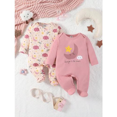 SHEIN 2pcs Baby Girls' Minimalist Cute Star, Moon, Flower Print Long Sleeve Footie Pajamas Set | SHEIN USA