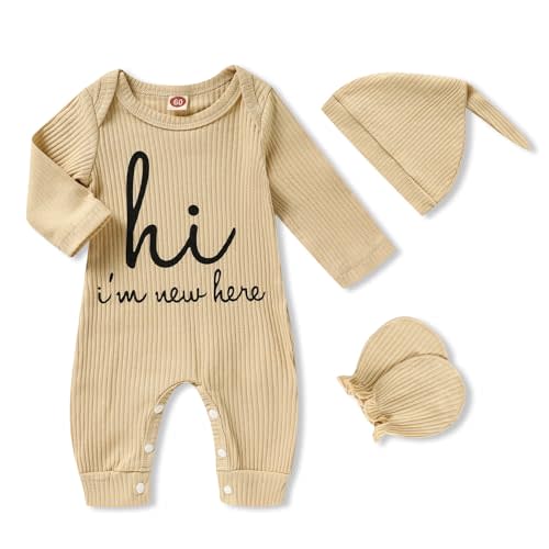 GRNSHTS Newborn Baby Boy Romper Coming Home Outfits Letter Print Bodysuit Jumpsuit+Hat+Gloves 3PCS Clothes Set