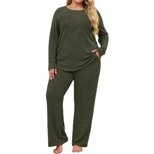 Koscacy Womens Plus Size Lounge Sets 2 Piece Casual Long Sleeve Top and Pants with Pockets