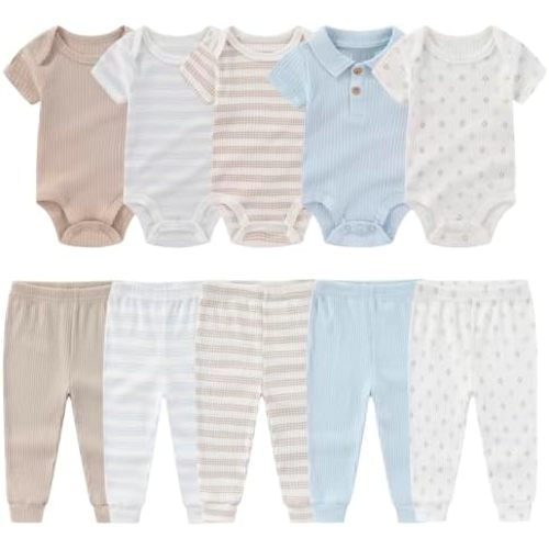 MAMIMAKA Newborn Baby Boy Girl Bodysuit Cotton Short Sleeve Bodysuit Infant Clothes Pant Set 10 Pack