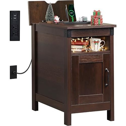 WLIVE End Table with Charging Station, Narrow Side Table for Living Room, Farmhouse Night Stand with Storage, Small Wooden Nightstand with USB Ports and Outlets for Living Room and Bedroom, Brown