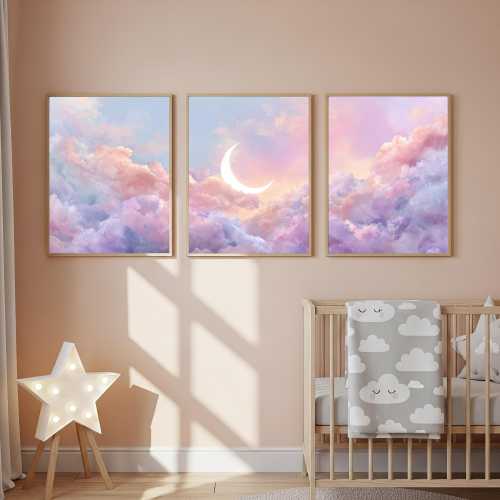 Moon and Clouds Nursery Triptych, Pastel Pink Purple Sky Wall Art, Celestial Kids Room Decor, Set of 3 Unframed Prints, Pastel Cloud Posters